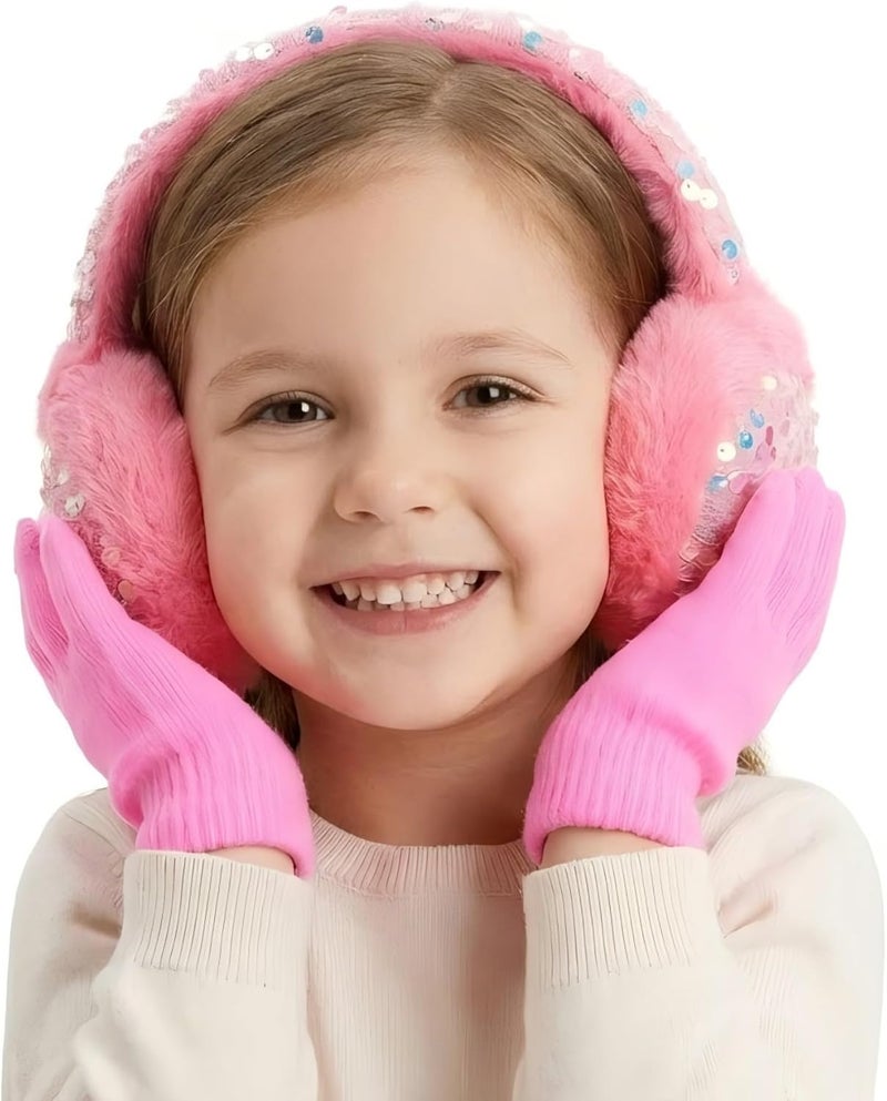 FYBW Ear Muffs Gloves Set for Kids, Winter Adjustable Sequins Warm Earmuffs for Kids Outdoor Cold Weather - Image 1